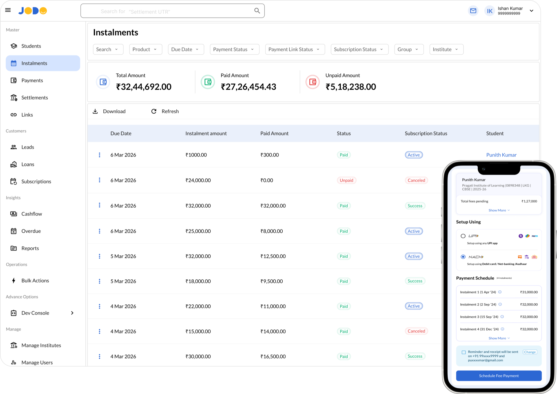Jodo fee collection dashboard and mobile payment schedule